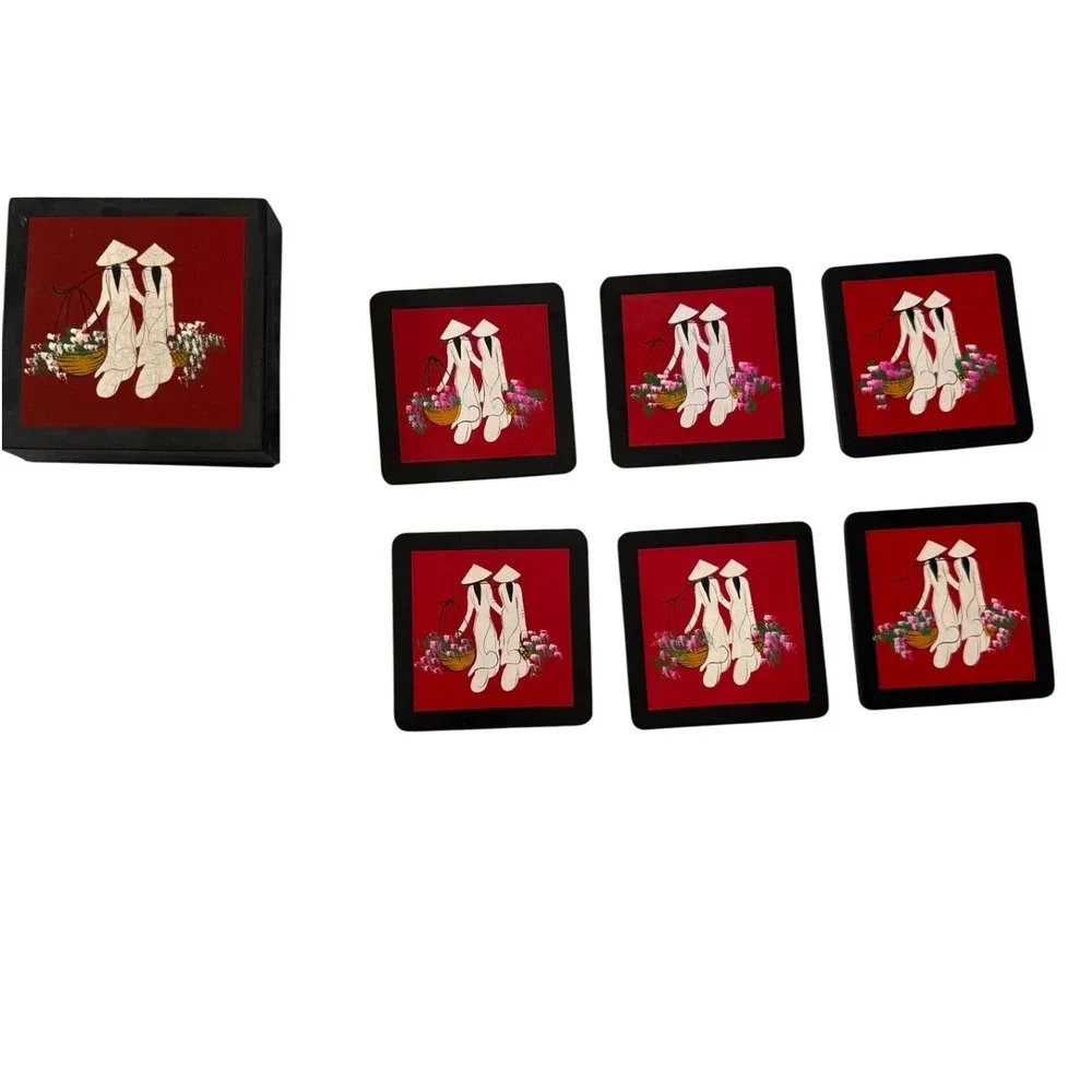 Vintage Vietnamese Lacquer Coaster Set w/ Box‎ – Hand-Painted Áo Dài Art